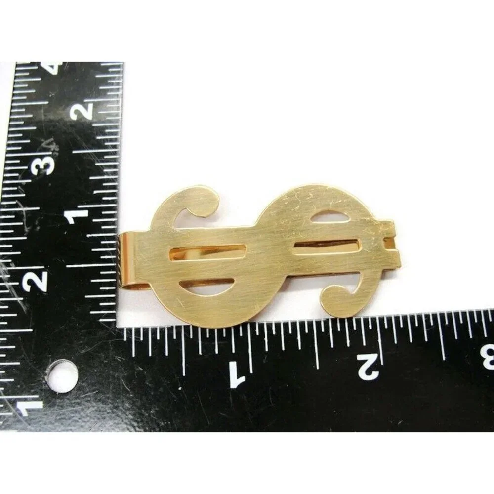$ Dollar Sign Gold Tone Money Clip Stainless Wallet Card Cash ID Holder Vtg